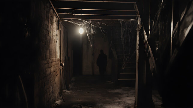 A dark creepy basement with flickering lights and shadows creates an eerie atmosphere filled with cobwebs and a sense of fear