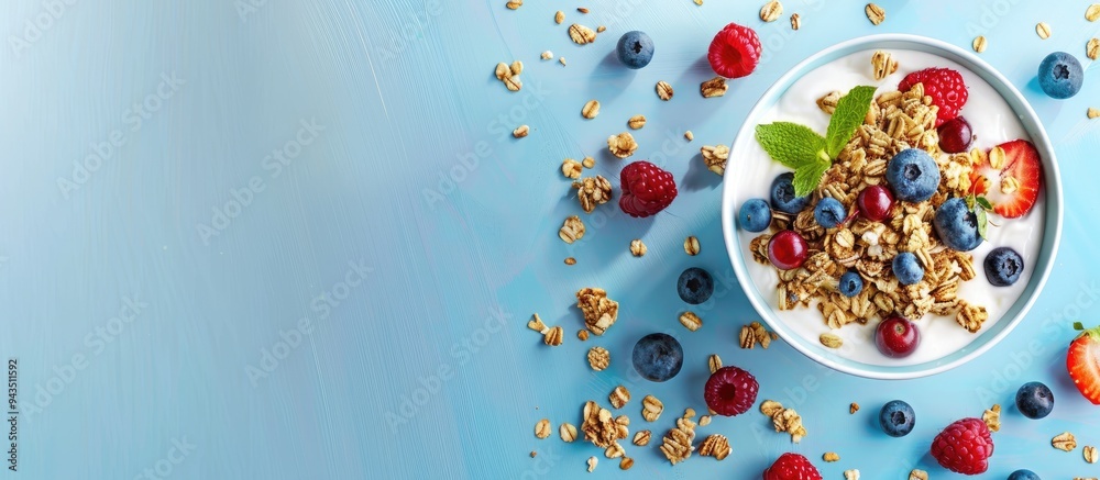 Fototapete a delicious granola breakfast featuring yogurt berries on a light blue table a banner design with op