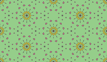 Geomatric seamless pattern in green, yellow and pink. Floral repeating structure.