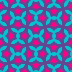 Geomatric seamless pattern in blue and pink. Circle repeating structure.