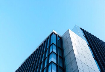 Looking Up modern high-rise office buildings with blue sky in the background, ai