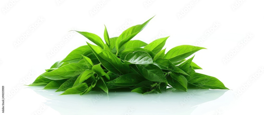 Poster a detailed image featuring a water spinach or ipomoea aquatica pile isolated on white with room for 