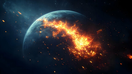 Obraz premium A burning planet in space with fire and debris.