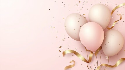 A luxurious birthday card with 3D balloons and a gold ribbon, set against a soft pink background. Elegant and realistic vector illustration for a premium feel.