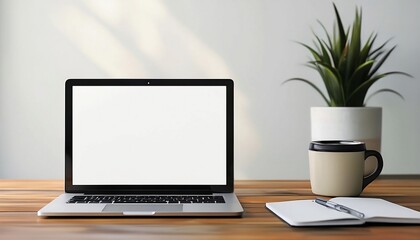 Fototapeta premium Minimalist Workspace with Laptop, Coffee Cup, and Notebook