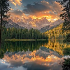 Sunset in the Mountains at a Calm Lake Reflecting the Peaks