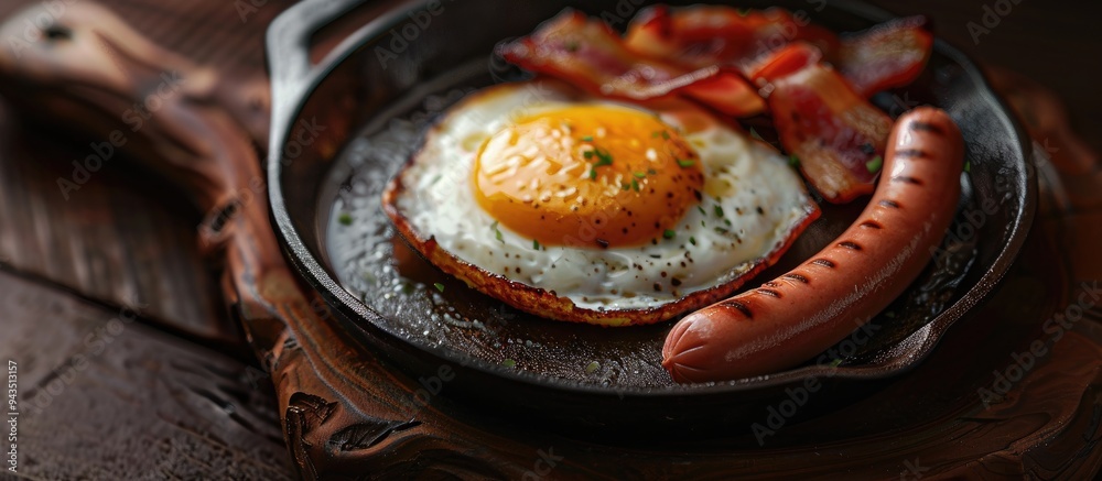 Poster image of a breakfast concept with a fried egg in a skillet on a wooden plate accompanied by hot dog 