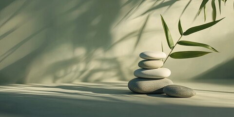 Obraz na płótnie Canvas A stack of smooth, grey stones with a single green leaf, set against a soft green background with light and shadows.