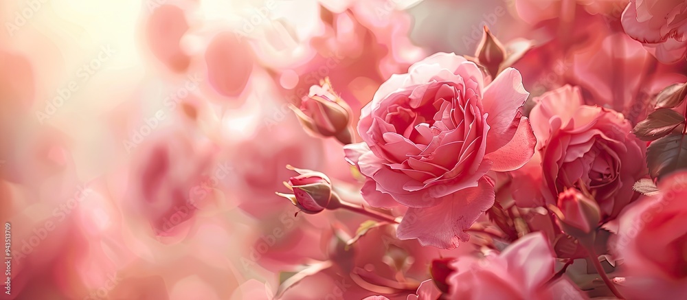 Poster close up view of blooming pink roses with copy space image