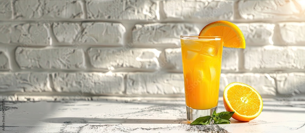 Poster glass of fresh orange juice with fruit slice on a table against a white brick wall background copy s
