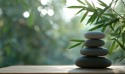 Obraz premium Stacked gray stones on a wooden table with green bamboo leaves and blurred background.