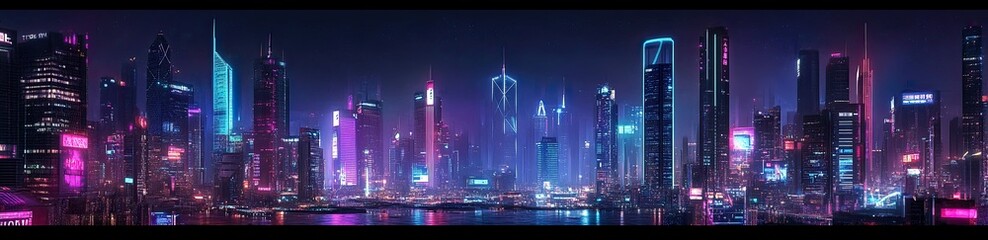 Obraz premium Night view of the city illuminated with neon lights and skyscrapers.