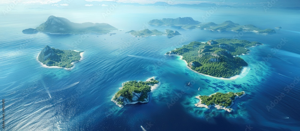 Poster Summer islands and a blue ocean stretch out in an aerial view creating a serene seascape with ample copy space for your products or decoration