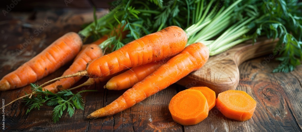 Aufkleber Carrots both whole and sliced arranged on a wooden surface for a flat lay composition with room for adding text alongside the image. Creative banner. Copyspace image