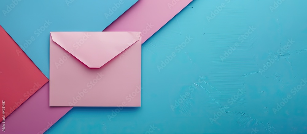Poster from an aerial perspective a white paper list lays on a vibrant blue surface next to a pink envelope