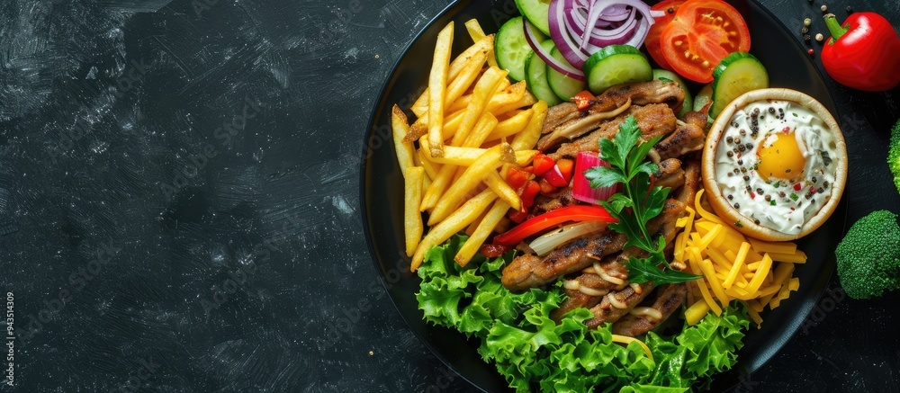 Poster Top down view of doner kebab or gyros served on a plate with fries veggies and salad on a black backdrop with ample copy space image