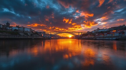 Fototapeta premium Sunset over Porto: Douro River, Dom Luis I Bridge