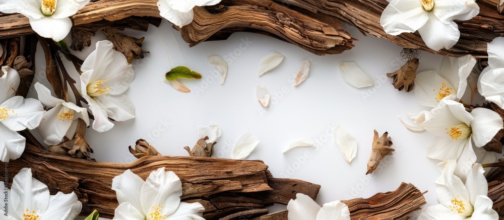 Poster white background with jasmine flowers and bark ideal for hair treatment creating an appealing flat l