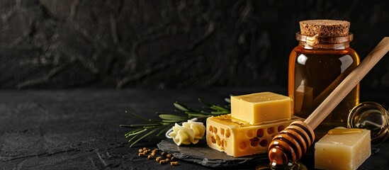 Ecological beauty products displayed on black backdrop with honey jar wooden spoon handmade soap bars and wax can creating a serene still life copy space image