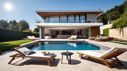 Fototapeta premium Modern house with sun loungers and a dining area next to the swimming pool