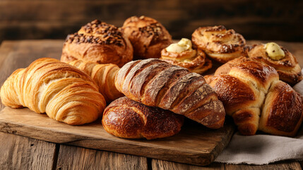 Fototapeta premium A variety of pastries are displayed on a wooden board, including croissants