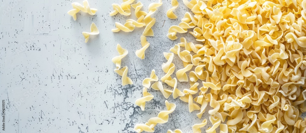 Aufkleber top view of raw dried spaetzle egg noodle on a gray background with copy space image