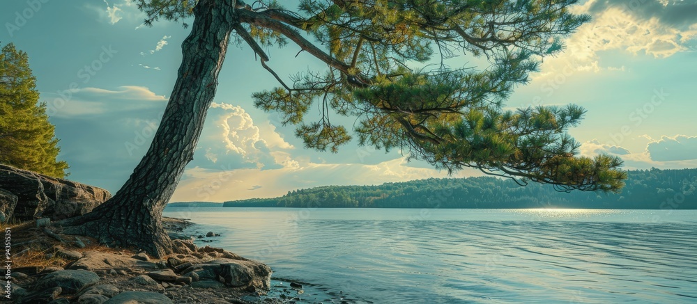 Poster scenic lakeshore featuring a large pine tree with copy space image