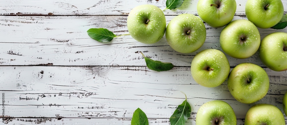 Poster a flat lay composition featuring fresh ripe green apples placed on a white wooden table with ample c