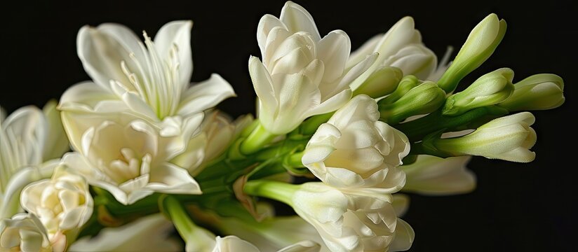 A close up image featuring tuberose flowers with copy space included
