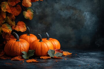 Thanksgiving or autumn scene with pumpkins, autumn leaves and berries on wooden table. Autumn background with copy space. Banner