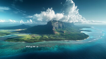 Fototapeta premium The majestic Le Morne Brabant, a mountain on the island of Mauritius, as seen from above.