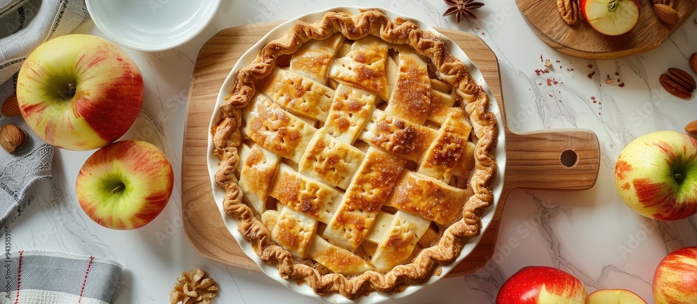 Poster Close up top view of a homemade golden crust apple cinnamon pie on a wooden cutting board with apples and walnuts on a white table offering copy space for an image