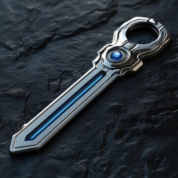 Futuristic Keyblade: A gleaming, silver keyblade with a blue gem and glowing blue line, resting on a dark, textured surface. Its sleek, intricate design evokes a sense of power and mystery, hinting at