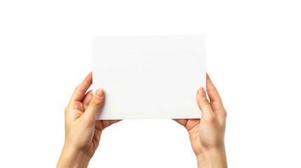 Obraz premium Hands holding a blank big paper card. Isolated on transparent background. PNG design element.