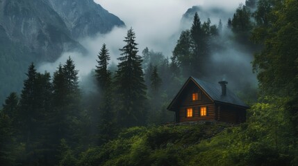 Fototapeta premium Wooden cabin glowing softly amidst towering trees, with misty mountain peaks in the background, evoking peaceful isolation.