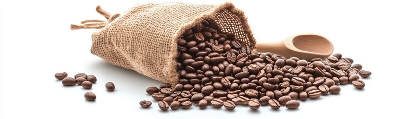 A bag of coffee beans with a scoop, coffee element, realistic style, artisanal and fresh, isolated on white background