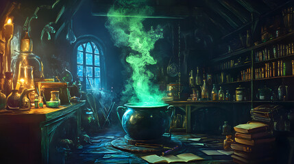 A witch's workshop filled with bubbling potions, glowing green smoke rises from a cauldron surrounded by shelves of books and mystical artifacts