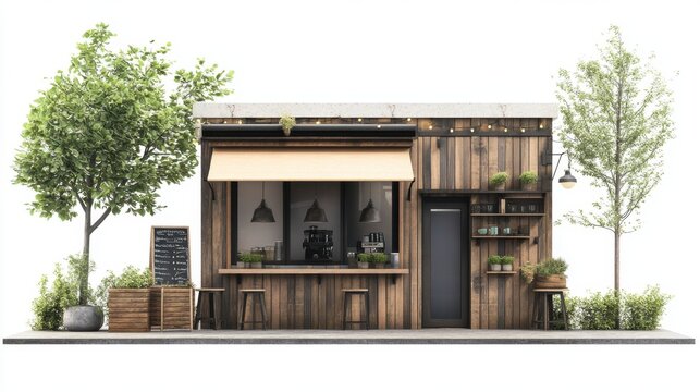 A rustic coffee shop exterior, architectural element, 3D rendering, charming and cozy, isolated on white background