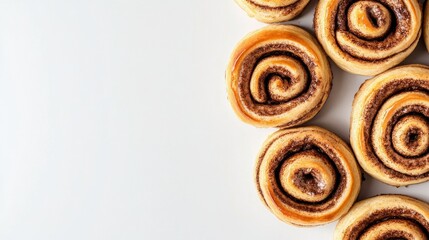 Fototapeta premium A minimalist composition of freshly baked cinnamon rolls, their soft, fluffy texture and cinnamon filling visible from above, isolated on a white background