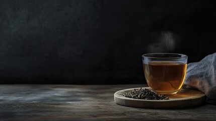 A minimalist setup with a glass of hot tea and a wooden plate of dried tea leaves on a wooden table, against a dark black background, perfect for a moody, cozy atmosphere