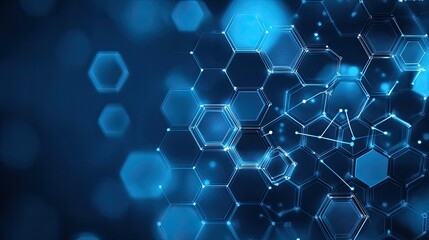 A modern abstract technology background with 3D hexagons, digital connections, and a gradient blue backdrop, symbolizing innovation
