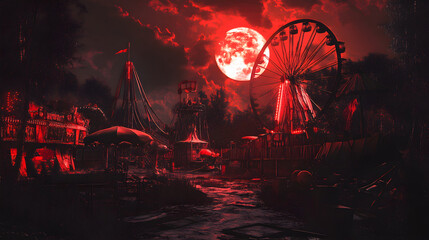 An abandoned carnival at night exhibits eerie, dark shadows illuminated by a blood-red moon, creating a haunting atmosphere with classic rides and overgrown surroundings