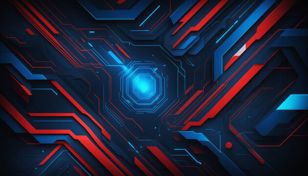 Fond abstrait lumineux dynamique ordinateur futuriste bleu rouge g&eacute;om&eacute;trique portail.
