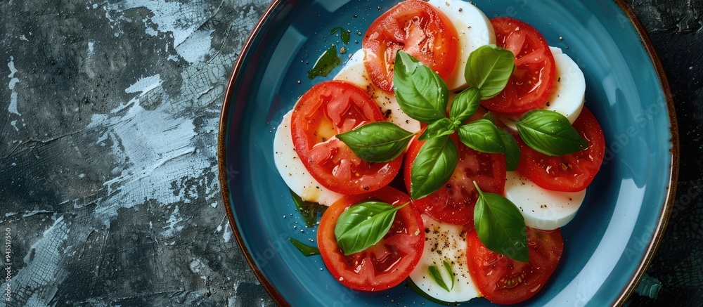 Poster caprese salad creatively arranged to resemble the italian flag on a blue plate with copy space image