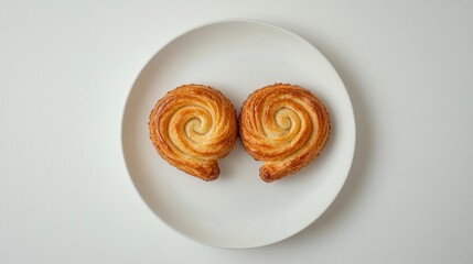 Fototapeta premium A pair of palmiers placed side by side on a white plate, with a white background, emphasizing their symmetrical shapes and contrasting colors