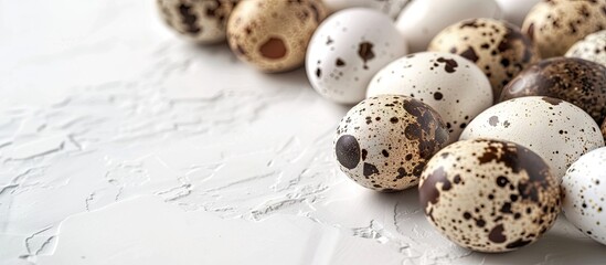 Obraz premium A side view of quail eggs on a white background showcasing them as a healthy protein rich food in a copy space image