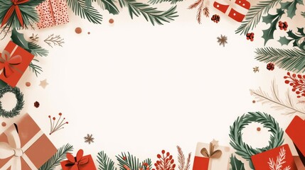 Festive Christmas Illustration with Red and Green Theme, Wreaths, Gifts, and Text Space