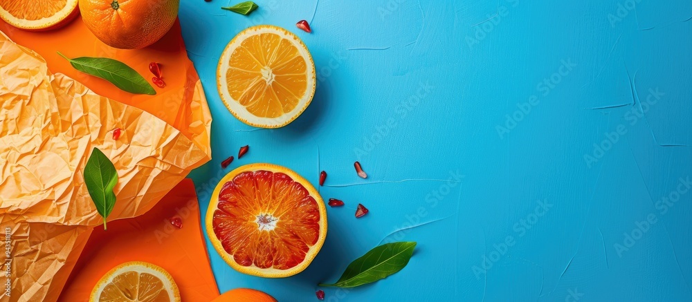 Aufkleber Conceptual symbol of a healthy diet with a message on orange paper against a blue background featuring copy space image