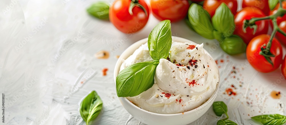 Aufkleber fresh burrata cheese basil and tomatoes on a white table perfect for text copy space image