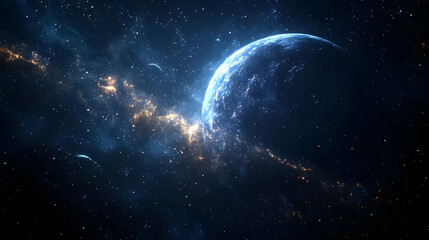 Fototapeta premium A celestial body shines brightly in the vast expanse of space, surrounded by a swirling nebula and countless stars.